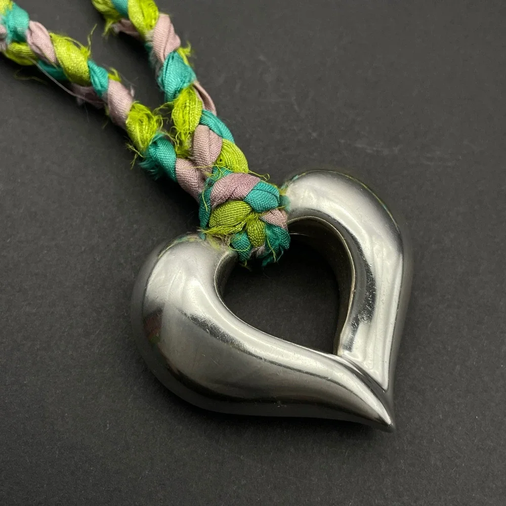 Airess Sterling Silver Hollow Puff Heart Pendant Necklace Braided‎ Silk Boho